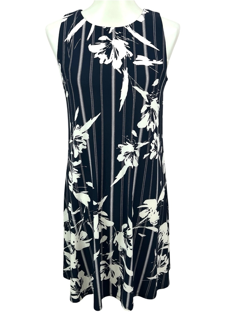 Chaps Sleeveless Navy White Floral Bamboo Striped Pullover Shift Dress